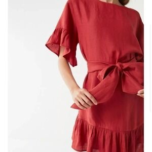 Urban Outfitters Womens Suddenly Spring Linen Blend‎ Ruffle Dress Sz M Brick Red